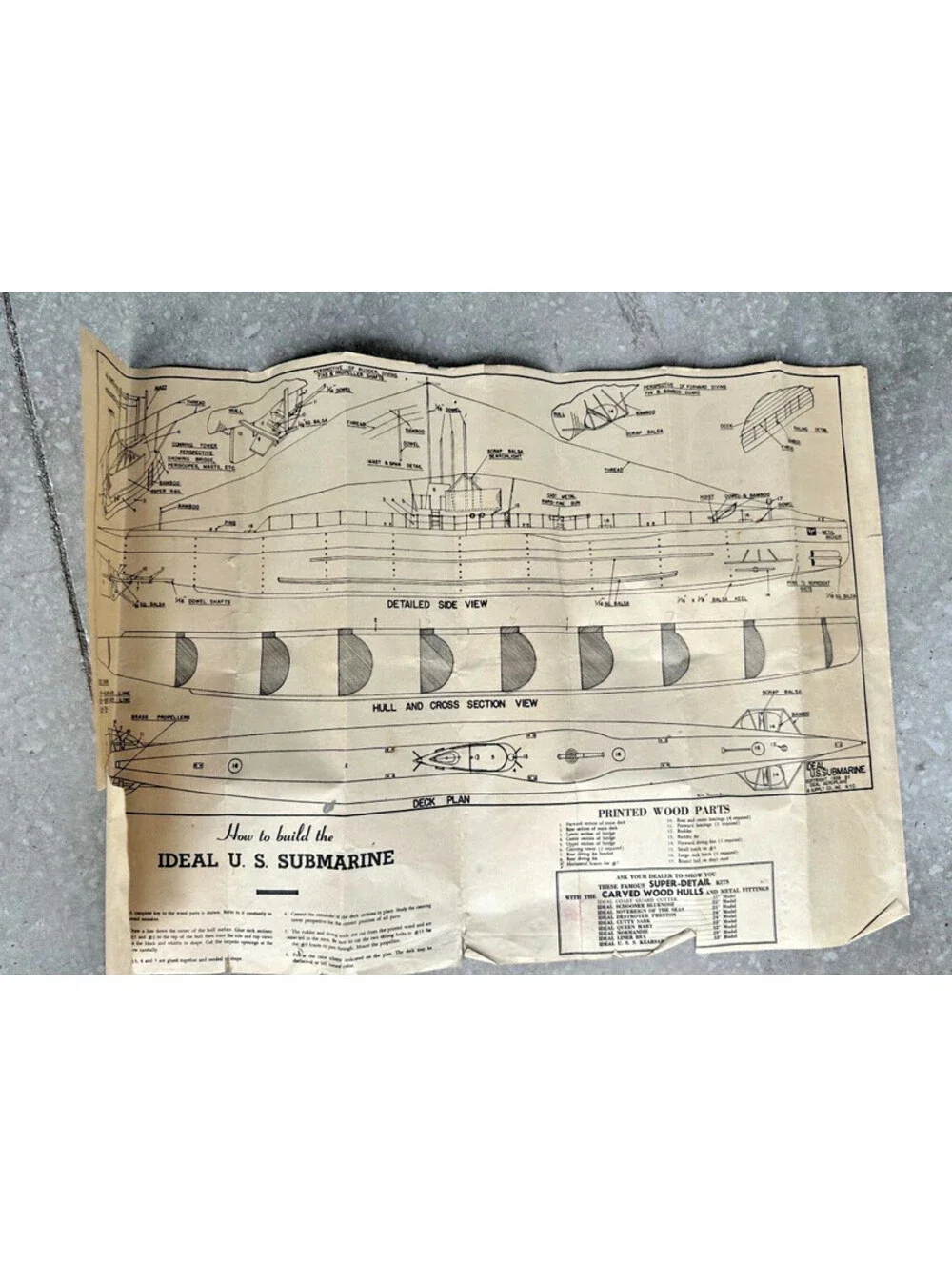 1938 Ideal Aeroplane Wood US Submarine Navy Model Ship Kit Box Instructions WW2